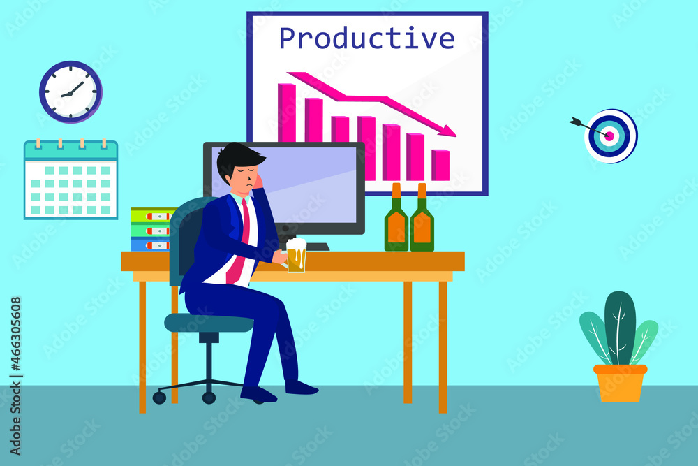 Unproductive vector concept. Businessman drinking beer in the office while sitting with declining arrow of productive Unproductive vector concept. Businessman drinking beer in the office while sitting with declining arrow of productive
