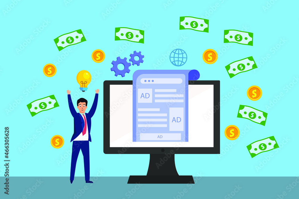 Income vector concept. Happy businessman make money by digital marketing while standing under falling money Income vector concept. Happy businessman make money by digital marketing while standing under falling money