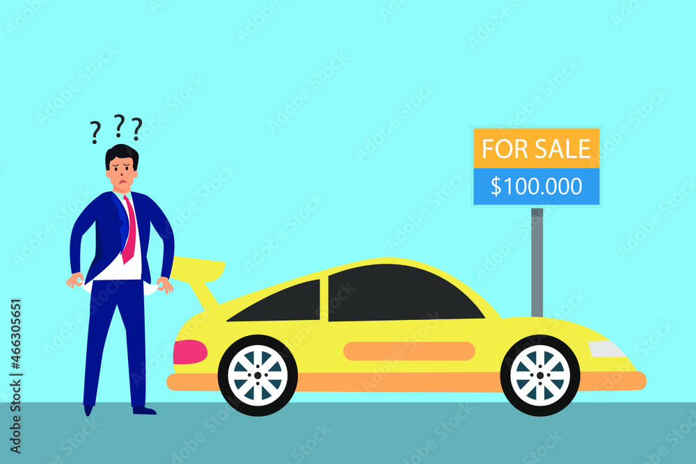 Bankruptcy vector concept. Sad businessman showing empty pocket while standing near the sold car