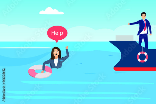 Help vector concept. Businessman saving sinking businesswoman while standing on the ship