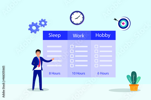 Business planning vector concept. Businessman showing his schedule while standing with gear and dartboard background