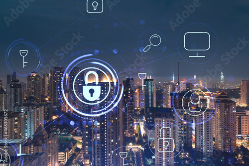 Glowing padlock hologram, night panoramic city view of Kuala Lumpur, Malaysia, Asia. The concept of cyber security shields to protect KL companies. Double exposure.