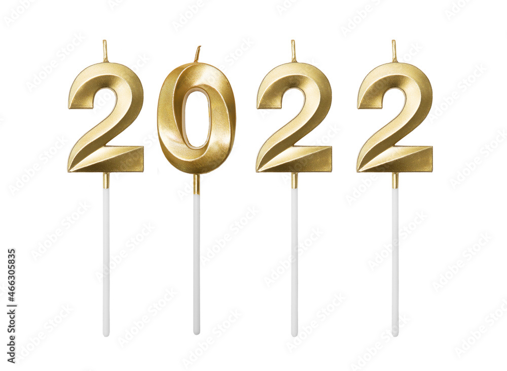 numbers 2022 on white background. Golden New year candles 2022. Isolated numbers 2022 on white background. Golden New year candles 2022. Isolated