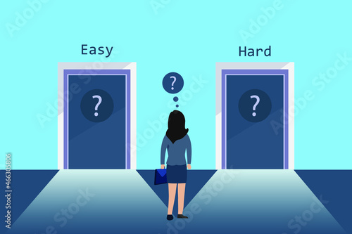 Business choice vector concept. Businesswoman looks confused to choose between easy way or hard way
