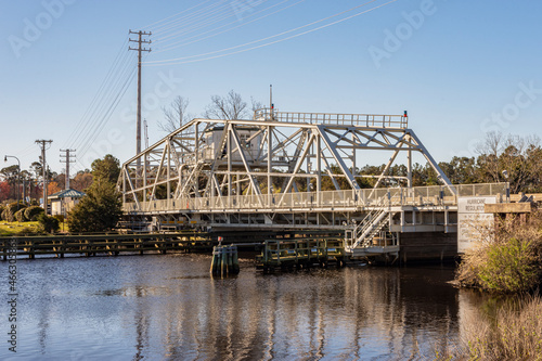 Steel Drawbridge on Hwy 9 crossing the intercoastal waterway just outside of Cherry Grove, at north end of Myrtle Beach South Carolina, old 2 lane drawbridge still in service