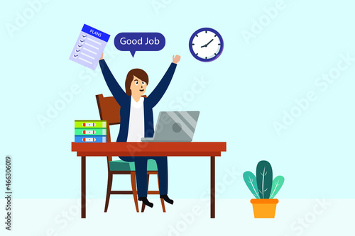 Good job vector concept. Happy businesswoman finishing task while sitting in the office