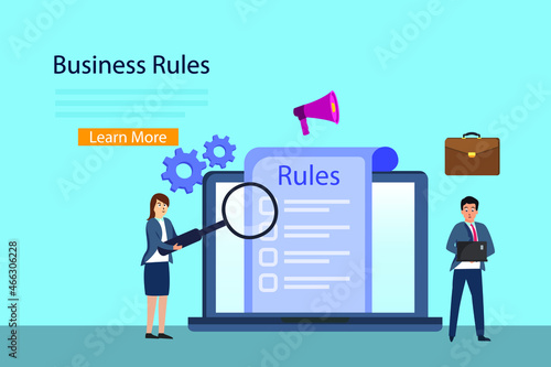 Rules vector concept. Two business people using a magnifier to checking corporate rules lists on the laptop screen