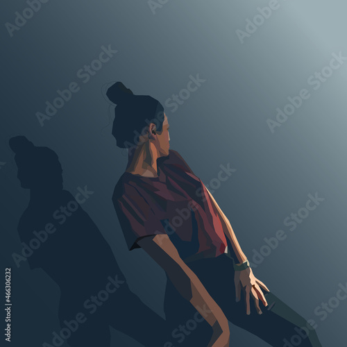 A girl on a dark background with a shadow realism