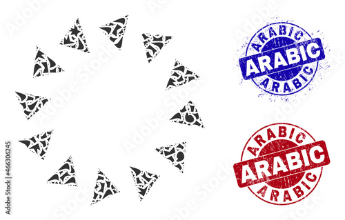 Round ARABIC dirty stamp prints with tag inside round forms, and shard mosaic rotate ccw icon. Blue and red stamp seals includes ARABIC title. Rotate ccw mosaic icon of shard particles.
