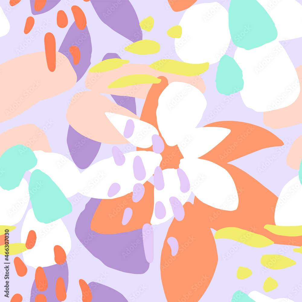 Hand-painted large-scale floral seamless vector pattern in light vibrant spring colors. Abstract flower composition of graphic shapes for background or packaging design.