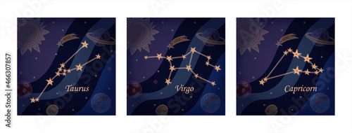 Doodle constellation of the taurus Symbol of the zodiac signs Vector illustration of astrology and astronomy. Horoscopes bright stars in cosmos background