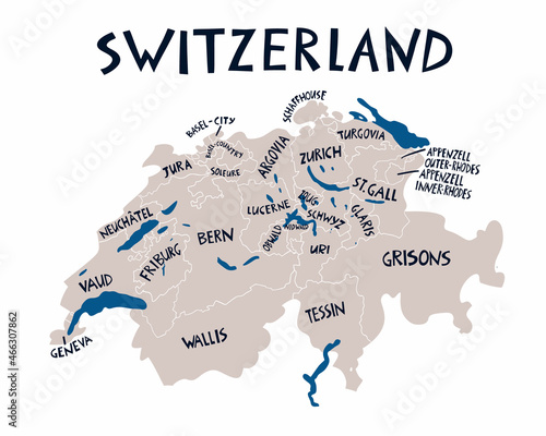 Vector hand drawn stylized map of Switzerland. Travel illustration of the Swiss Confederation regions. Hand drawn lettering illustration. Europe map element