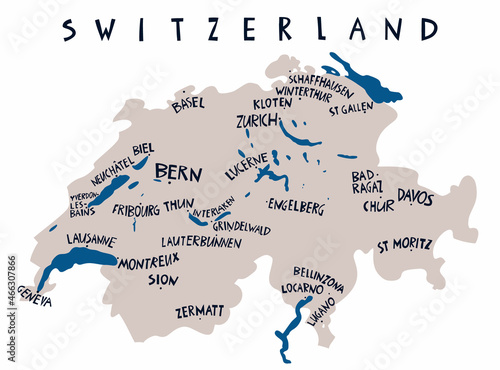 Vector hand drawn stylized map of Switzerland. Travel illustration of The Swiss Confederation cities. Hand drawn lettering illustration. Europe map element photo