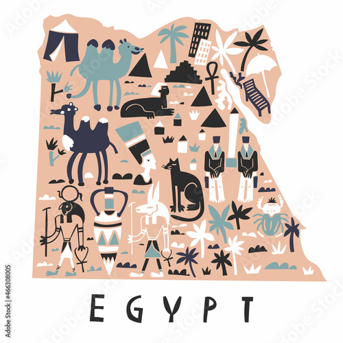 Vector hand drawn stylized map of Egypt. Travel illustration of Arab Republic of Egypt shape. Hand drawn lettering illustration. Africa map element with landmarks