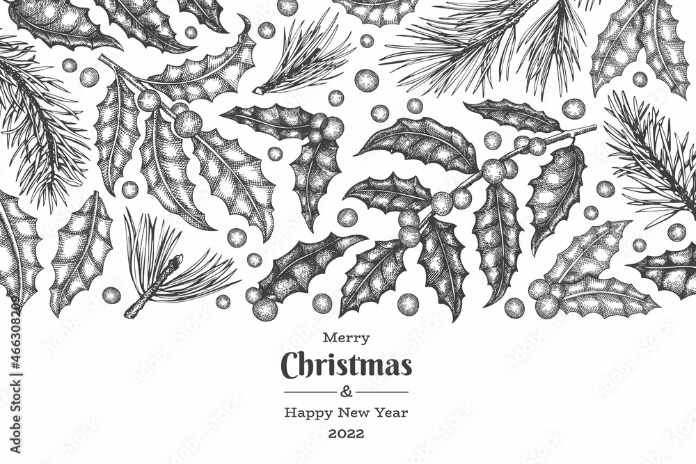 Fototapeta premium Christmas hand drawn vector greeting card design template. Vintage style botanical illustration. Winter plants xmas banner.