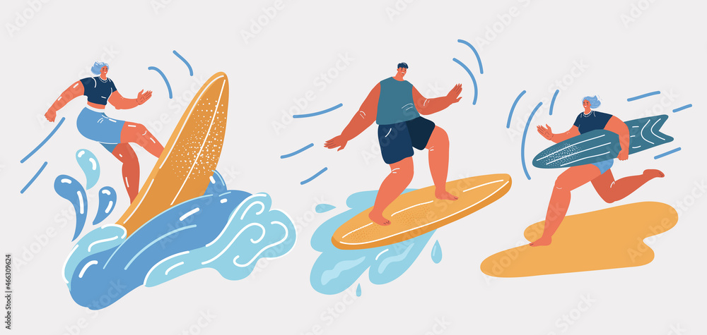 Vector illustration of Surfing people. Surfer standing on surf board in wave, surfers on beach. Vector illustration of Surfing people. Surfer standing on surf board in wave, surfers on beach.