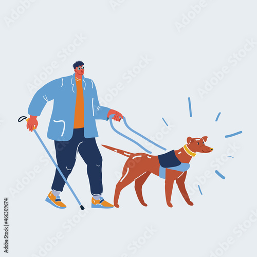 Vector illustration of blind man walking his guide dog