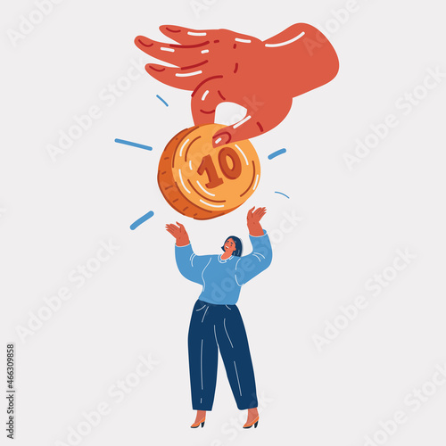 Vector illustration of woman holding gold coin that was gived to her by big hand