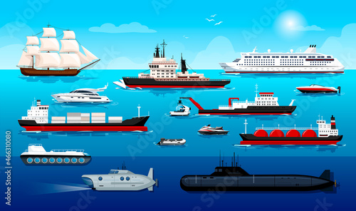 Set of ships. Water transport types poster. Frigate, cruise liner, vessel, barge, boat, yacht, tanker, submarine, motorboat, water scooter. Isolated icons. Ocean transportation. Vector illustration
