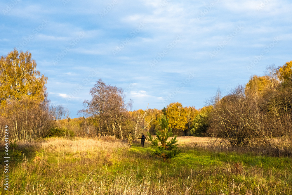 Two hunters with guns are walking along the field along the autumn forest.