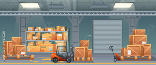 Industrial warehouse interior. Post storage indoor. Wooden boxes on rack shelves inside building. Loaders, ladders, turn on lamps, electric gates on grey background. Flat cartoon. Vector illustration.