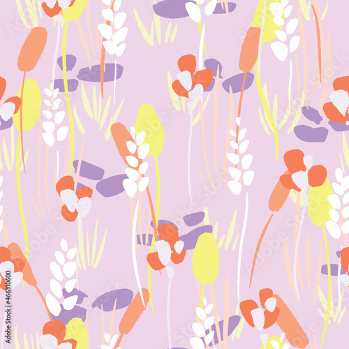 Spring wildflower seamless vector pattern in bright colors on light purple background. Abstract flower field hand-drawn illustration for background packaging design.