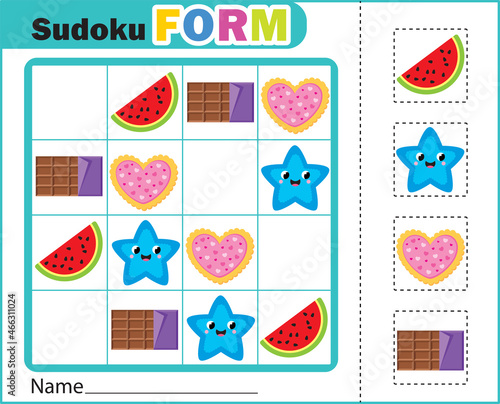 Sudoku for kids. Shapes: square, triangle, rhombus, circle, triangle, star, heart. Shapes of different colors. Educational games. Logic for children.