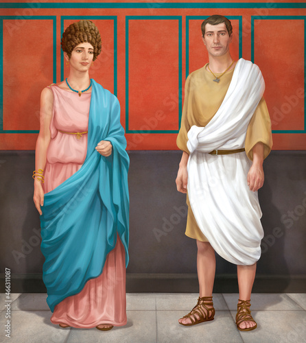 Ancient Roman couple on a background of decorated house