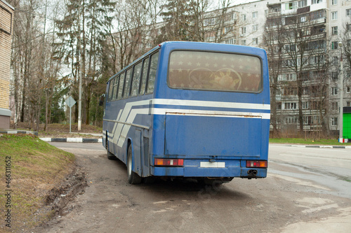 The bus is parked. A regular bus is waiting for passengers. Transport in the city.