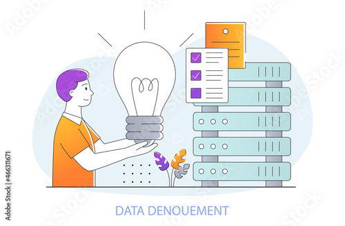 Data denouement concept. Man holds light bulb in his hands and comes up with new ideas for storing and transmitting information. Innovative data solutions. Cartoon doodle flat vector illustration