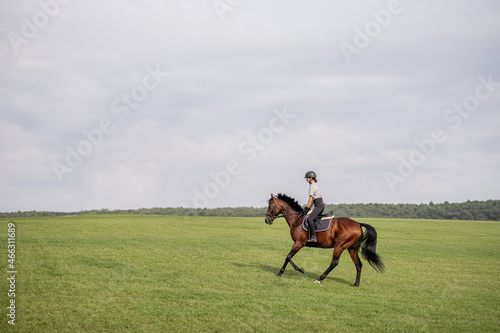Side view of female horseman riding brown Thoroughbred horse on green meadow in countryside. Concept of rural resting and leisure. Idea of green tourism. Beautiful green landscape on sunny day