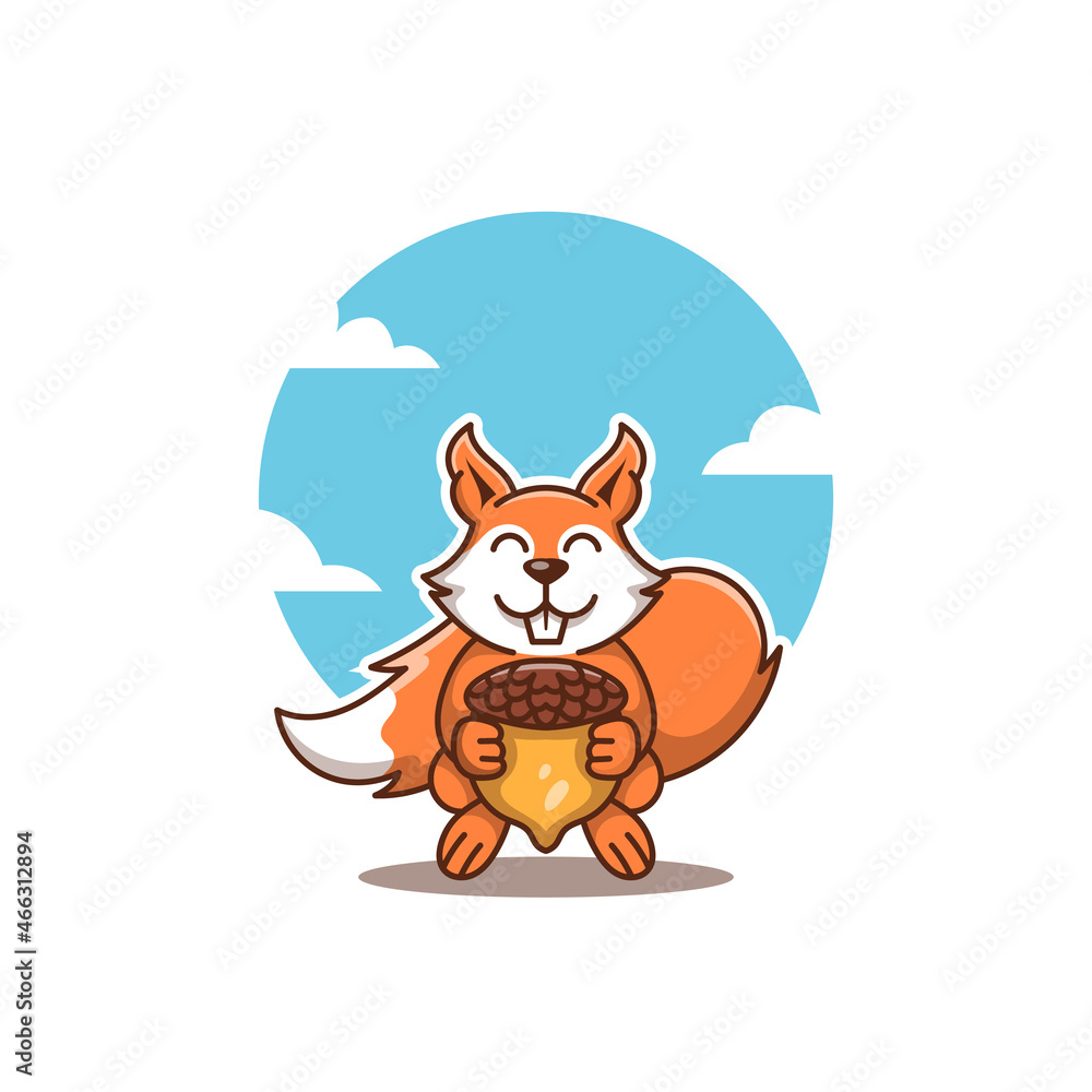 Squirrel character holding an acorn vector illustration. Flat cartoon style. Squirrel isolated on a white background. Suitable for stickers, logos, icons and more.