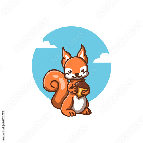 Cute squirrel mascot holding nuts. Vector illustration of a squirrel in a flat cartoon style. Suitable for stickers, icons, logos, web line pages and more.