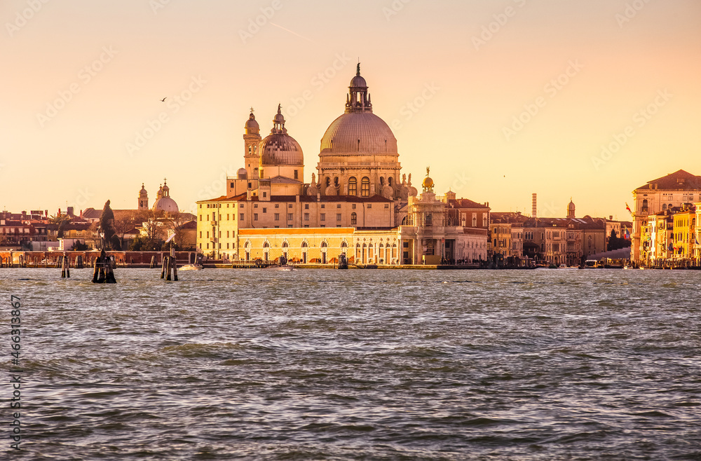 Panoramic view of famous Canal Grande with Basilica di Santa Maria della Salute in the background, Venice, Italy