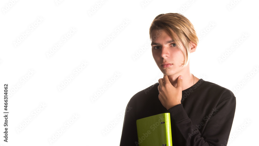 Young funny student posing in the studio. Study and work. Young funny student posing in the studio. Study and work.
