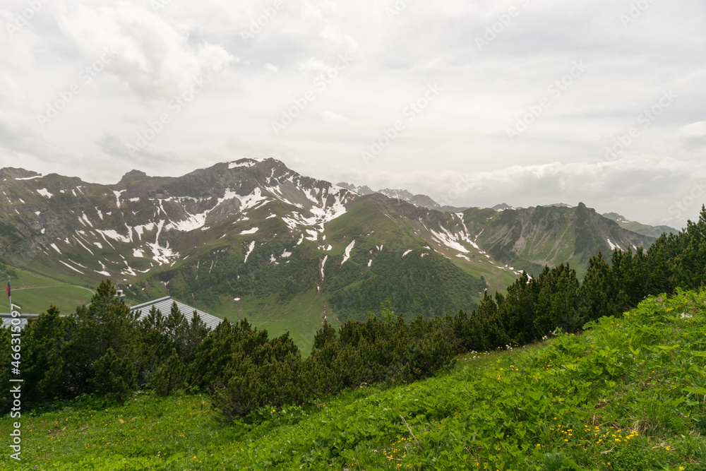 Sareis, Liechtenstein, June 20, 2021 Stunning mountain panorama on a cloudy day Sareis, Liechtenstein, June 20, 2021 Stunning mountain panorama on a cloudy day