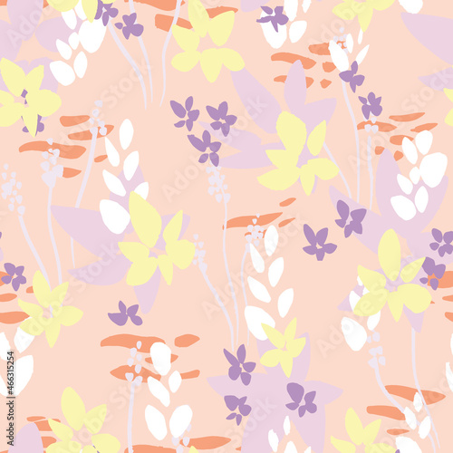 Spring wild flower seamless vector pattern in pastel colours on white background. Abstract flower field hand drawn illustration for background or packaging design.