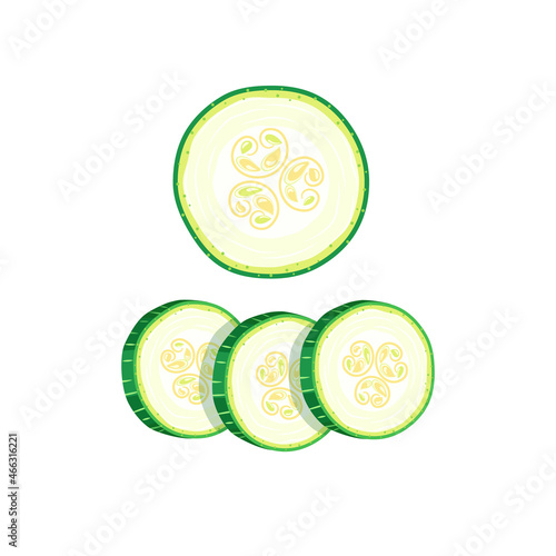 Flat illustration of slicing zucchini. One large slice of zucchini and three slices with seeds on white background. Idea for poster, sticker, magazine, book, web design and so on.