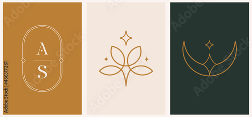 Mystic linear set template logo wich geometric lotos, moon and letter A,S abstract in trendy linear minimal esoteric style.