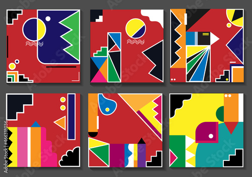 Set of 6 simple geometric modern template designs. Vector illustration. Geometric minimalist artwork poster with simple shapes and images.