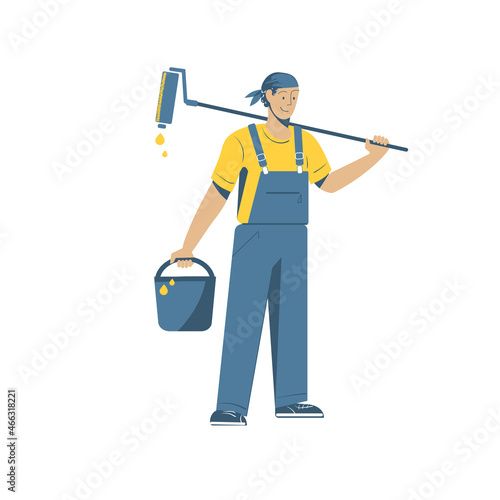Vector character - a painter, with a bucket of paint and a paint roller. Professional repairman in overalls on the background of apartment renovation.