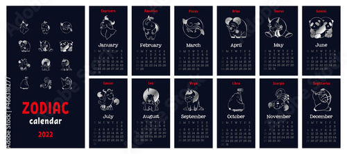 Calendar 2022 with zodiac symbols horoscope signs. Silver symbol on a blue background. Week starts on Sunday