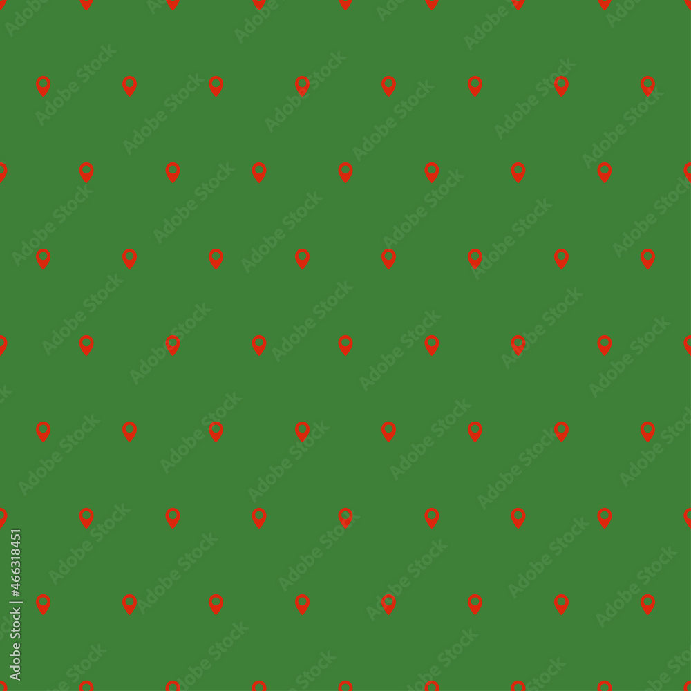 Seamless pattern with Christmas decoration. Red tiny map pin on green background. Seamless pattern with Christmas decoration. Red tiny map pin on green background.
