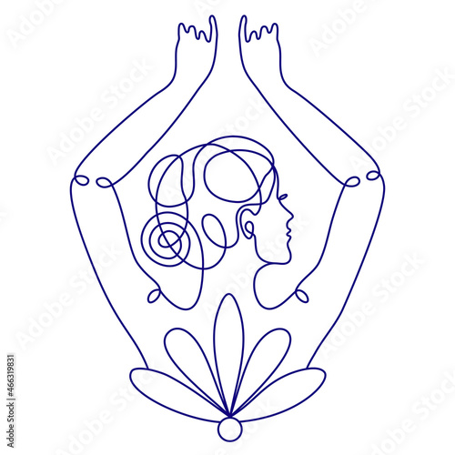 One continuous line, flat vector. Aesthetic woman with hands raised above her head, view from the back of person. Elegant linear female silhouette. Minimalist drawing on white isolated background.