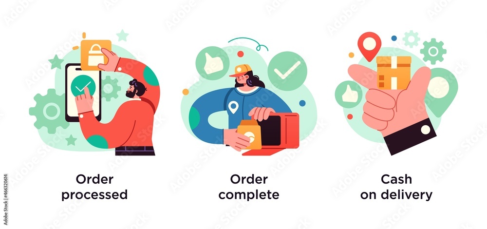 Purchase process abstract concept vector illustration set. Order processed, complete, cash on delivery abstract metaphor.