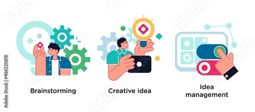 Creative thinking abstract concept vector illustration set. Team brainstorming, idea management, idea management abstract metaphor.