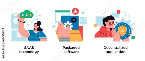 Application service abstract concept vector illustration set. SaaS technology, packaged software, decentralized application abstract metaphor.