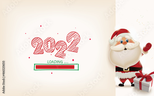 Santa Claus next to light signboard with loading year 2022,New Year greeting card vector illustration