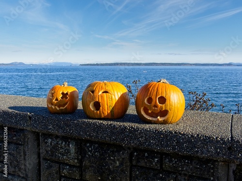 Three carved jack-o'-lantern pumpkins against the ocean background in Sidney BC © pr2is