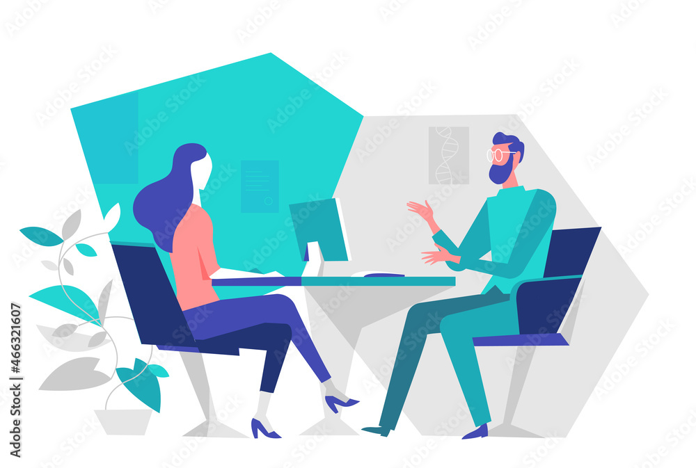 Due persone, uomo e donna, sedute in ufficio parlano al tavolo durante un'incontro di lavoro Due persone, uomo e donna, sedute in ufficio parlano al tavolo durante un'incontro di lavoro